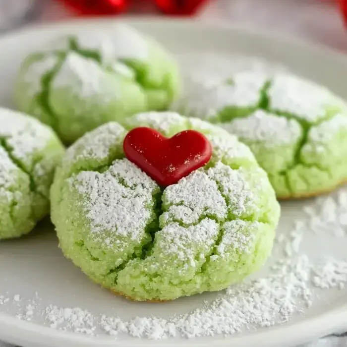 Platter with green crinkle cookies sprinkled with powdered sugar, a little red heart candy standing out on top.