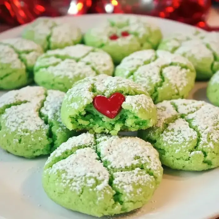 Platter of green crinkle cookies dusted with sugar, one cookie cracked open showing a red heart-shaped candy inside.