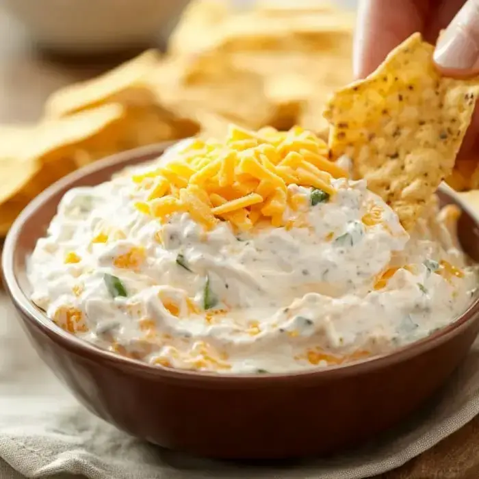 Someone scoops into a cheesy dip with a chip, surrounded by chips on a table for snacking.