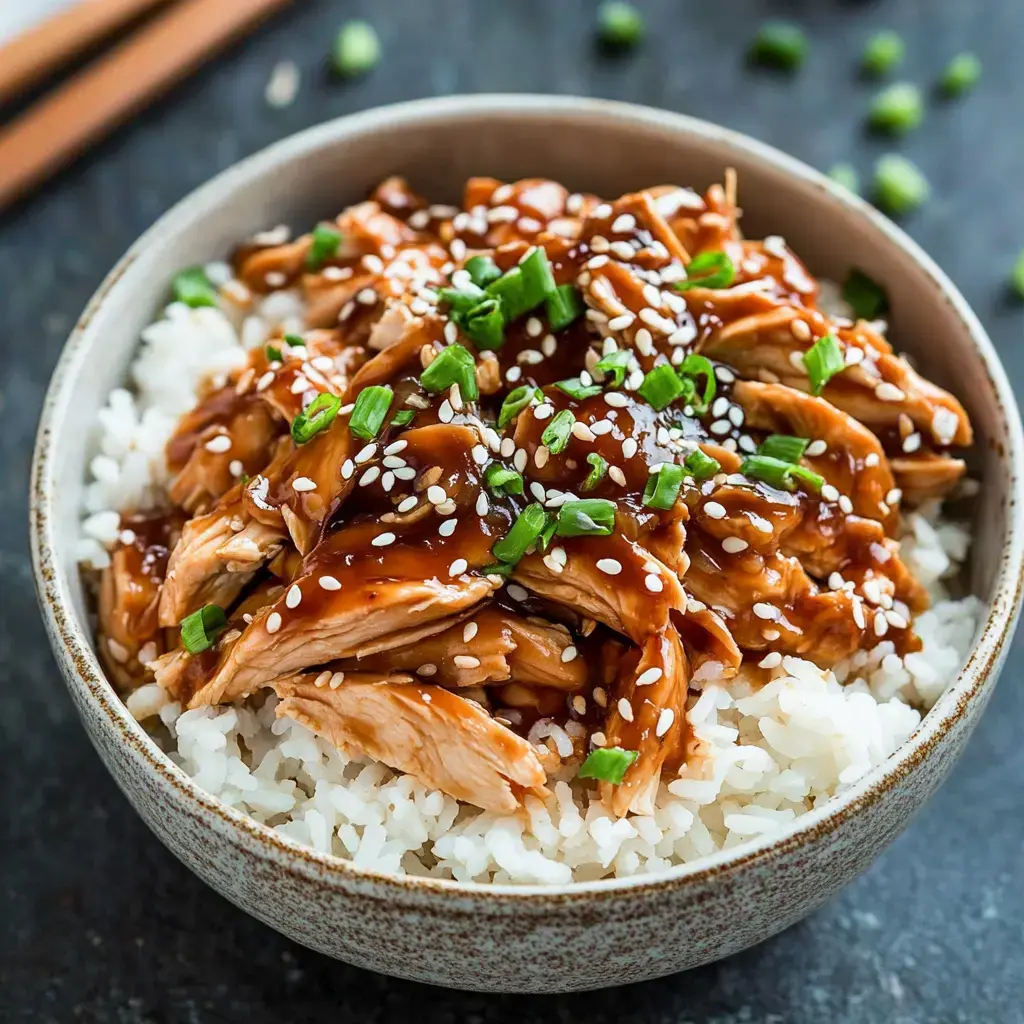 White rice in a bowl with pulled chicken covered in dark sauce, plus green onions and sesame seeds sprinkled on top.