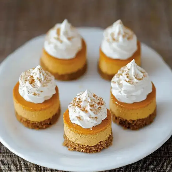 A plate with several mini pumpkin cheesecakes stacked and topped with whipped cream and cinnamon.