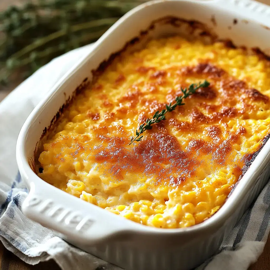 A pan of creamy mac and cheese crowned with a golden crust and topped with thyme.