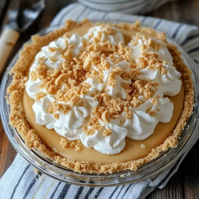 A creamy dessert pie with whipped cream and crunchy peanuts on top, all served up in a clear dish.