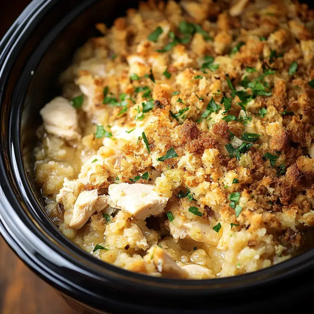 Zoomed-in shot of baked chicken with a crunchy golden topping and sprinkled parsley.
