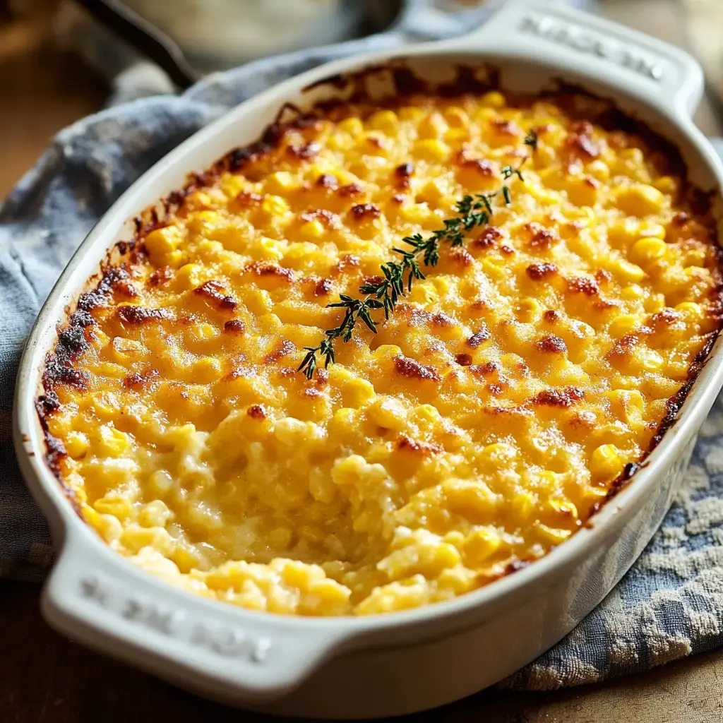 Golden-topped creamy corn pudding served with a tiny sprig of thyme.