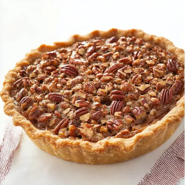 Golden pecan pie cooling on a counter, thick filling and lots of pecans on top.