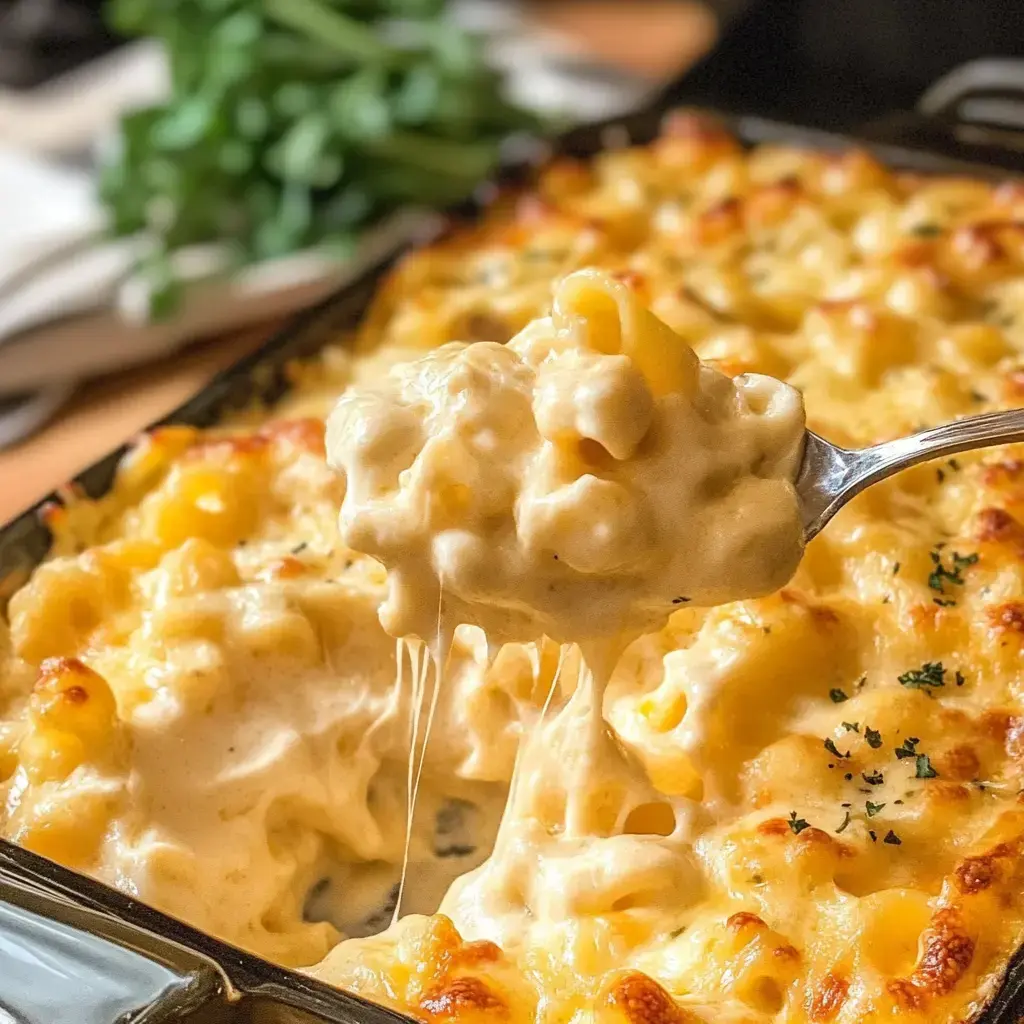 Spoonful of thick, cheesy macaroni and cheese with the rest of the casserole blurred behind, full of stretchy cheese strands.