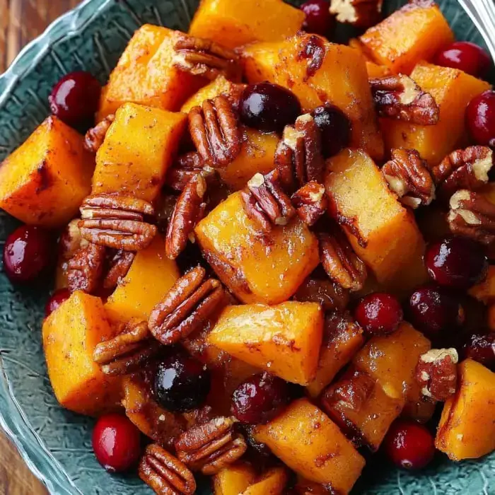 A vibrant mix of roasted butternut squash cubes, toasted pecans, and tart cranberries in a pretty serving bowl.