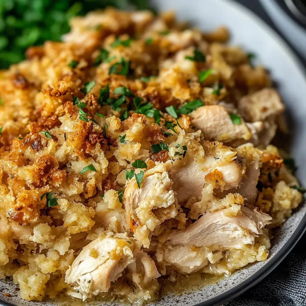 Savory chicken with crispy stuffing and chopped parsley on a dinner plate, looking ready to eat.