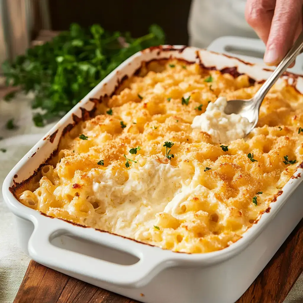 Baked macaroni and cheese covered in crispy breadcrumbs and fresh parsley, being scooped from a white casserole dish.