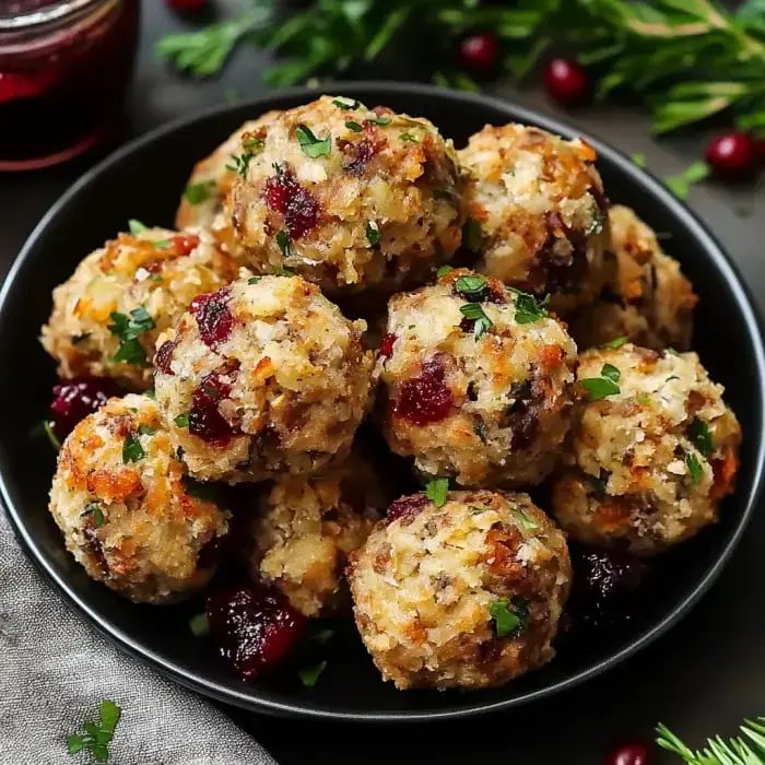 Golden meatballs stacked in a dark bowl with parsley and a side of cranberry dip.