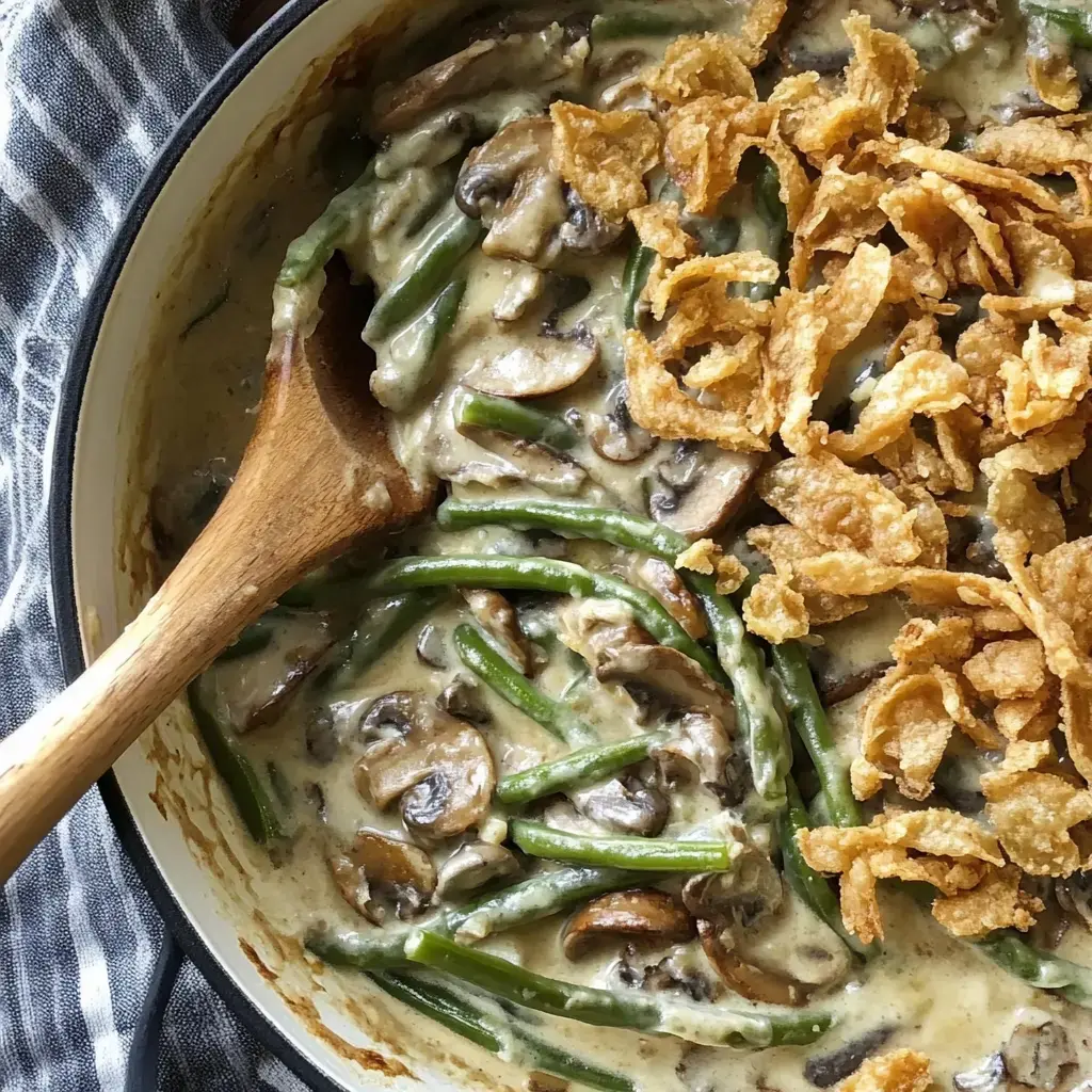 A skillet showing a green bean and mushroom mix smothered in creamy sauce with a topping of golden fried onions.