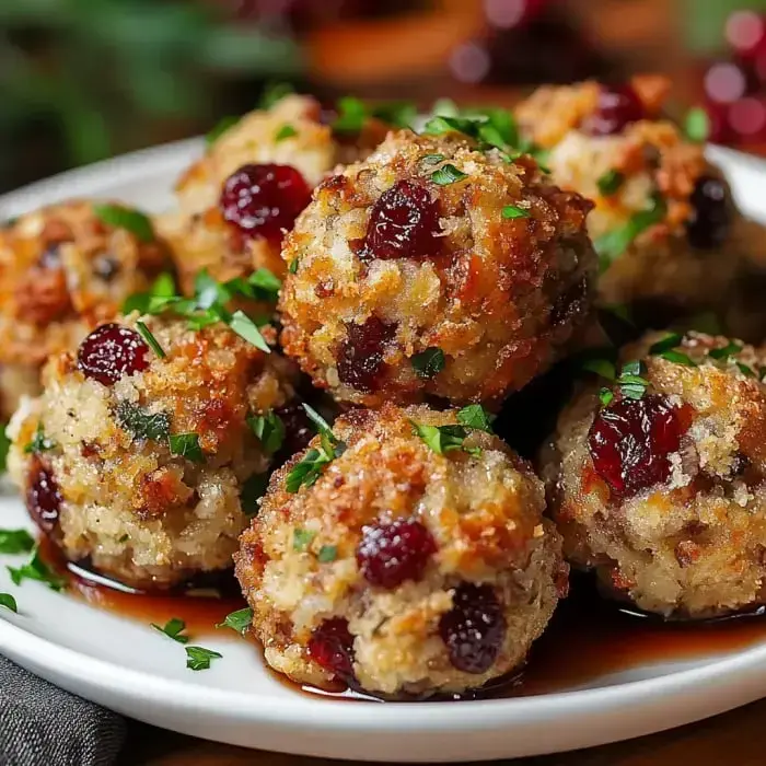 Plate stacked with golden stuffing balls, topped with chopped greens.