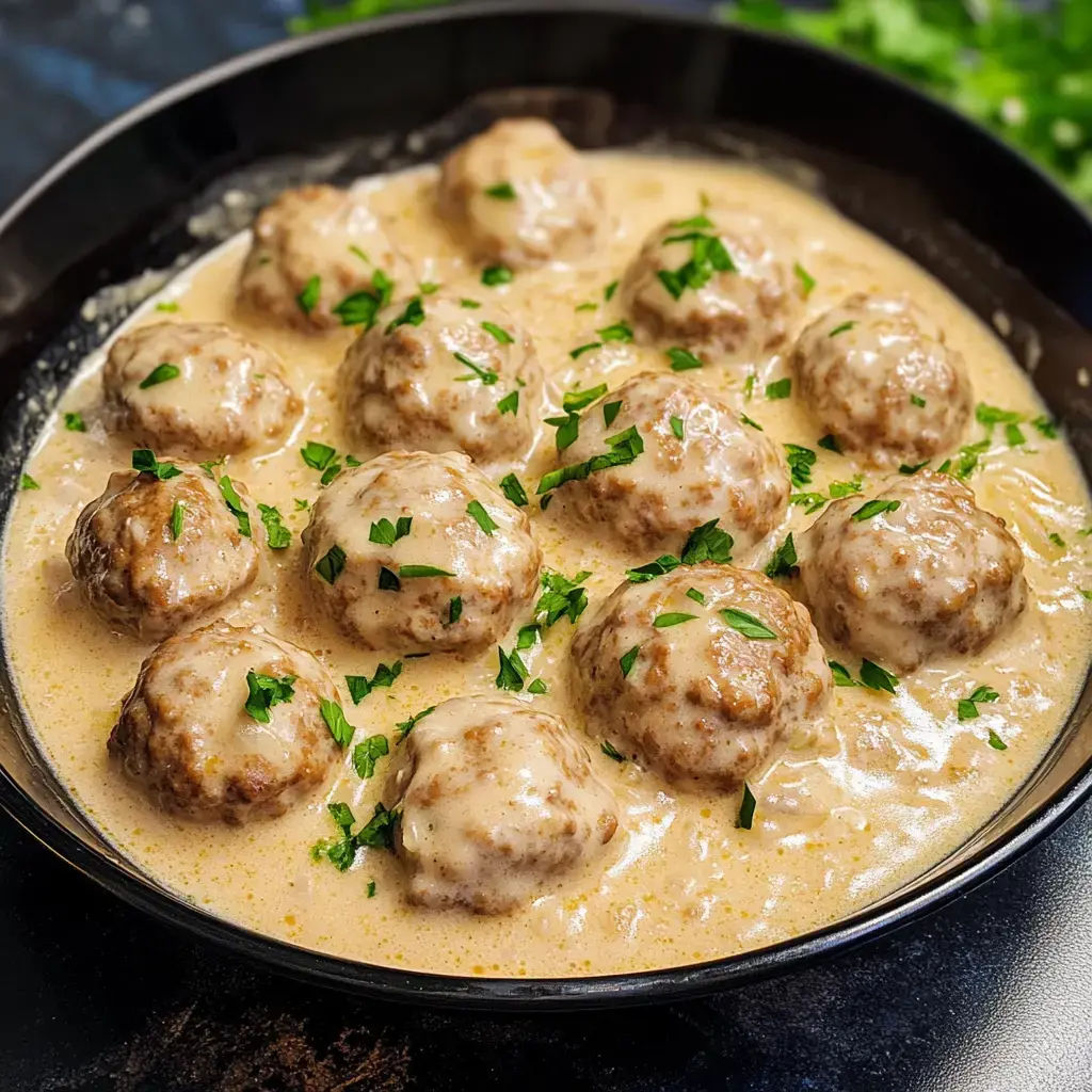 Creamy meatballs in brown sauce, topped with parsley, in a black bowl.