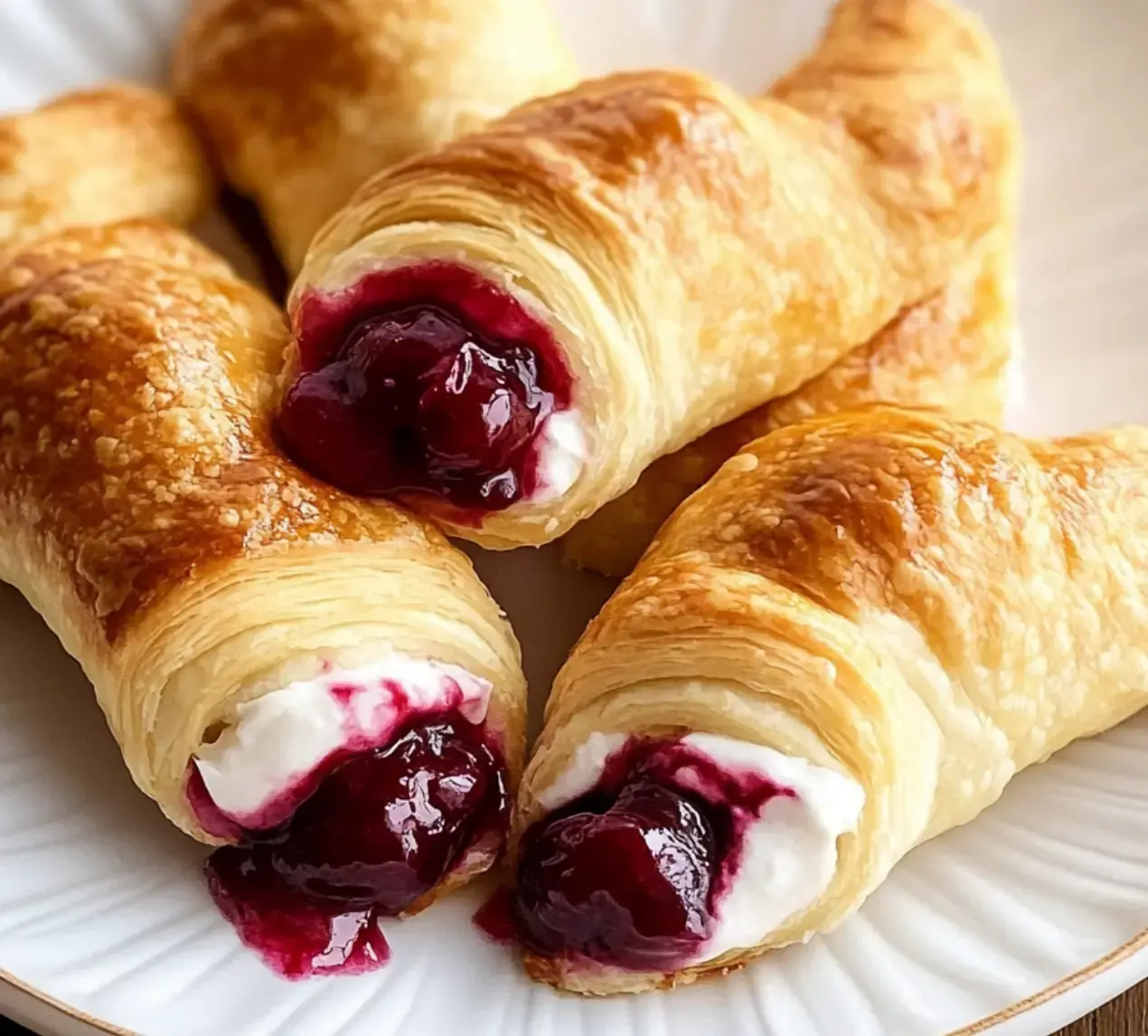 A plate loaded with flaky golden pastries bursting with cream and cherry filling.