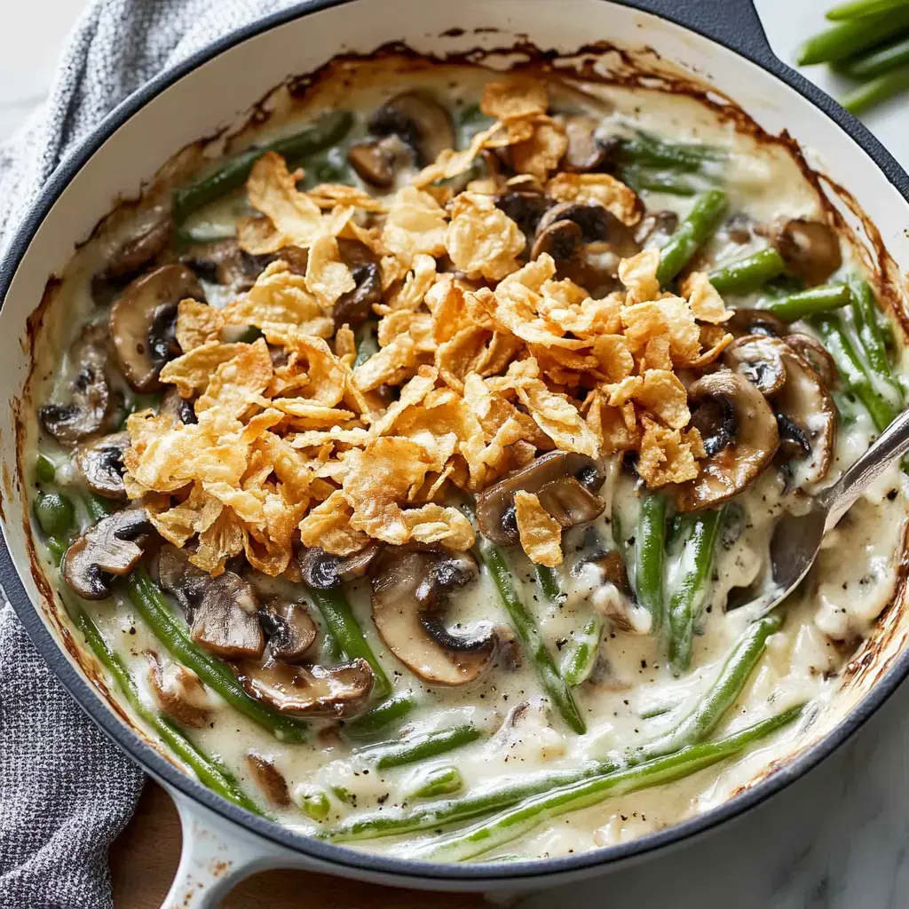 Baking dish packed with creamy green beans, mushrooms, and a golden fried onion topping.