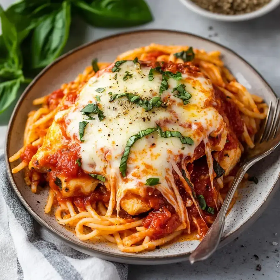 Spaghetti on a plate covered in tomato sauce, melty cheese, fresh basil, and a sprinkle of pepper.