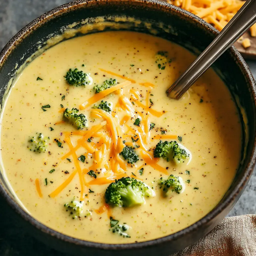 A bowl filled with cheesy broccoli soup, with grated cheese sprinkled and fresh broccoli pieces on top.