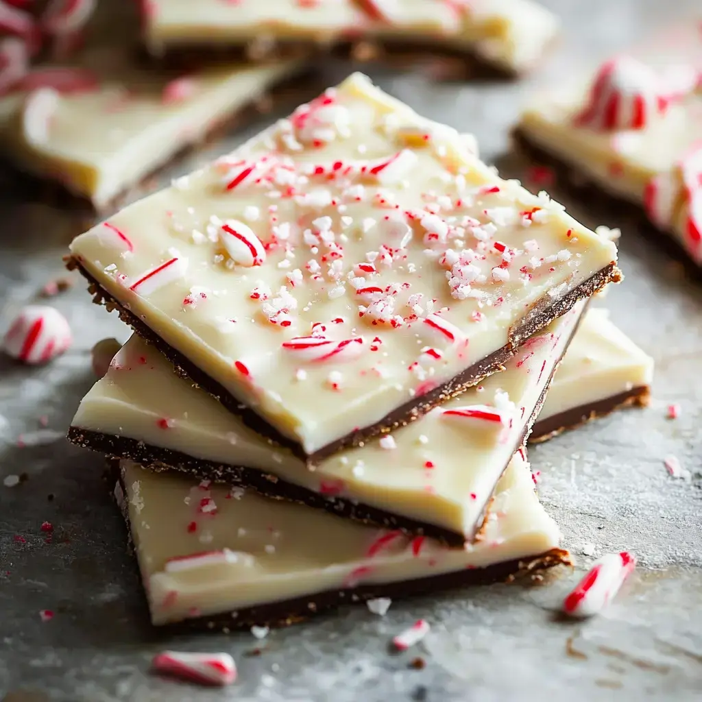 Some stacked chocolate peppermint bark with smashed candy canes sits on a textured backdrop.