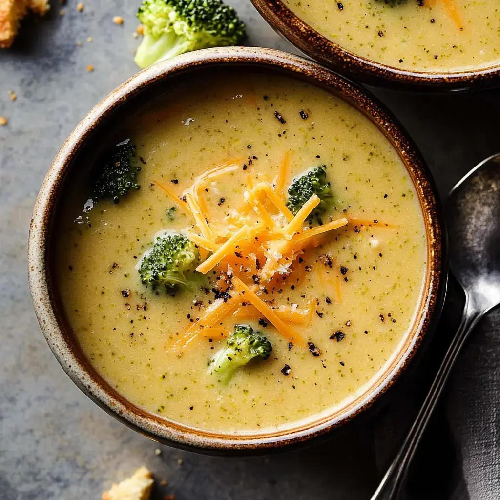 Close look at broccoli cheese soup topped with shredded cheddar and black pepper, with a spoon and some broccoli next to the bowl.