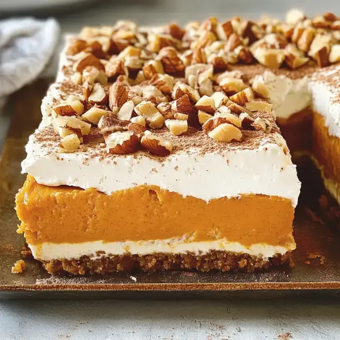 A pumpkin dessert with layers of whipped cream and nuts waiting in a baking dish.