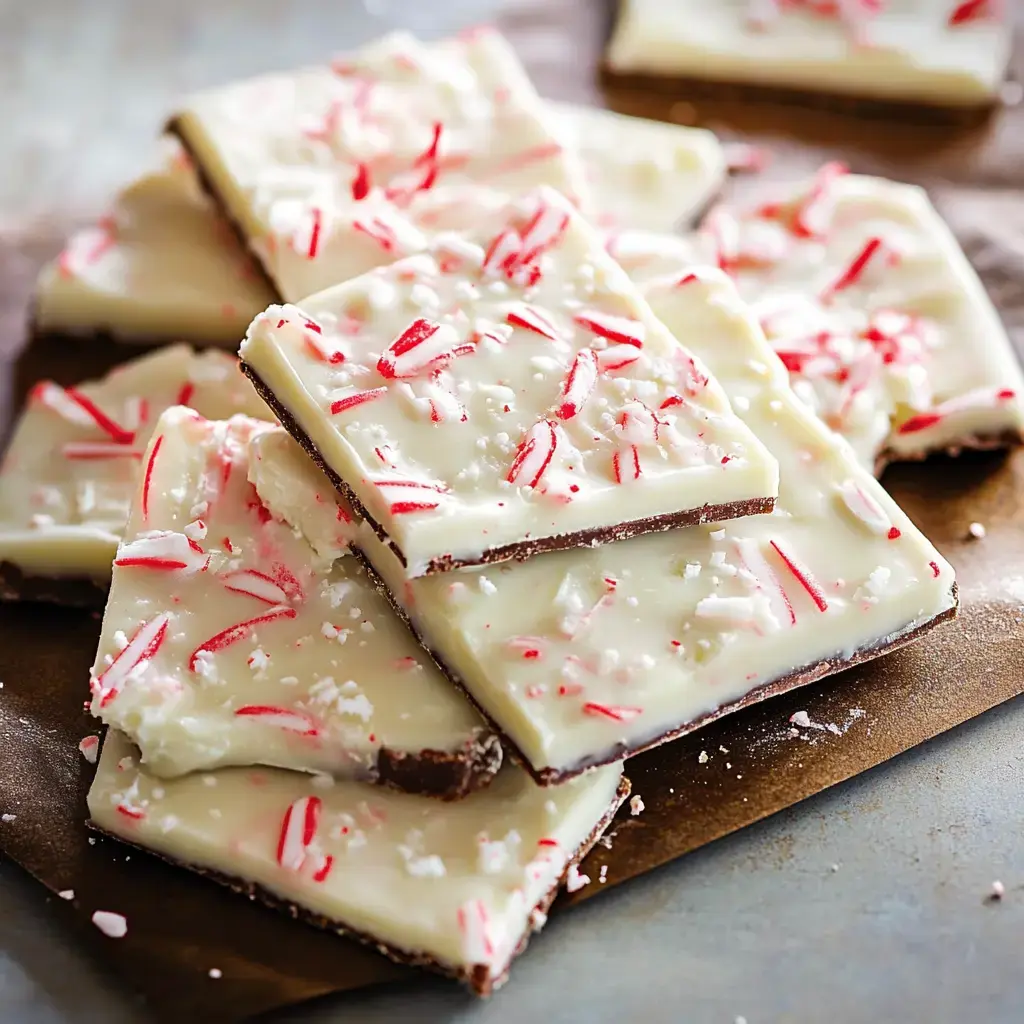 A mound of peppermint bark, showing white chocolate layers and crushed peppermint candy on top of a dark background.