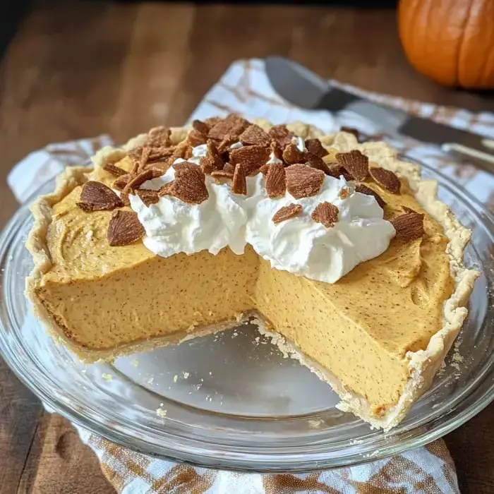 Pumpkin pie slices covered with whipped cream and cookie crumbs sitting on a clear dish on a wooden table.