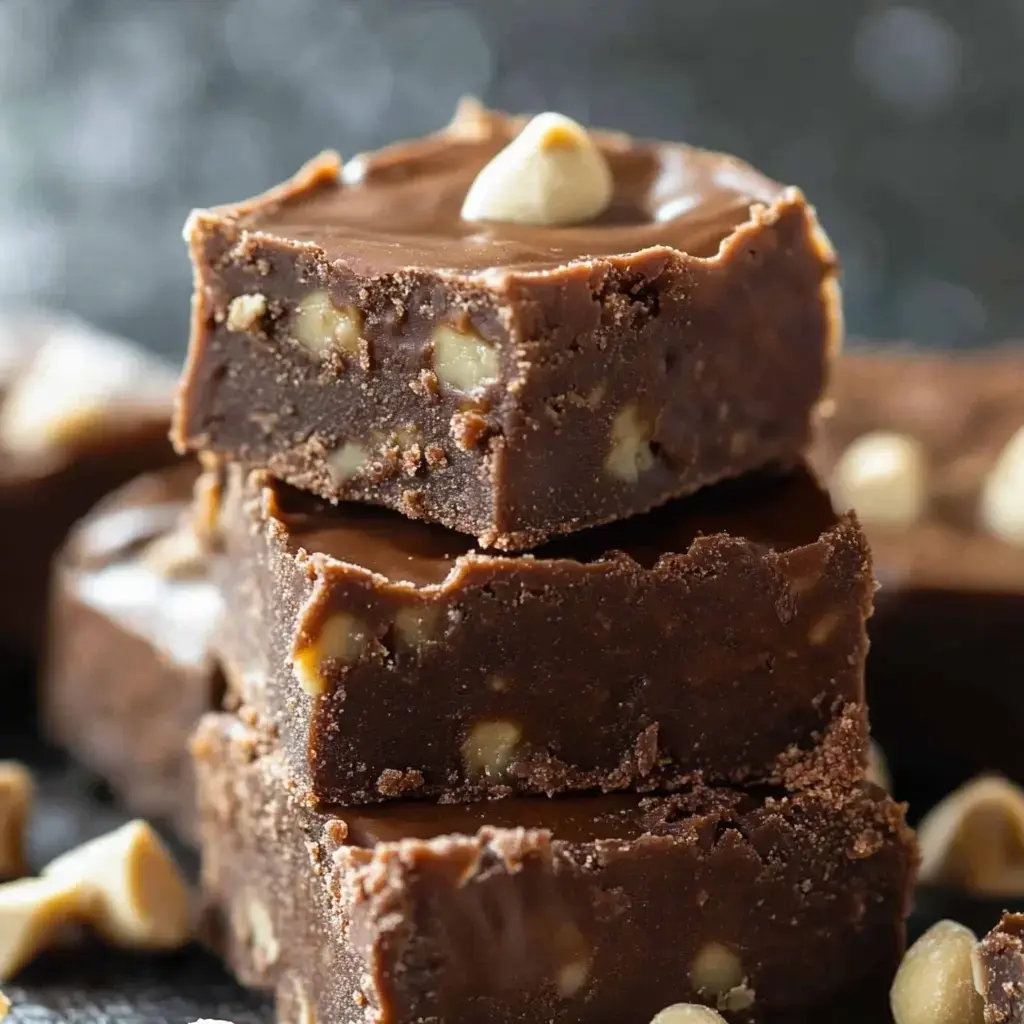 Chocolate fudge squares piled high, each with chunks of walnut and chocolate chips on top.