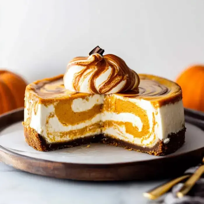 A creamy pumpkin cheesecake slice with pretty swirls and a cloud of whipped cream, sitting on a wooden plate next to little pumpkins.