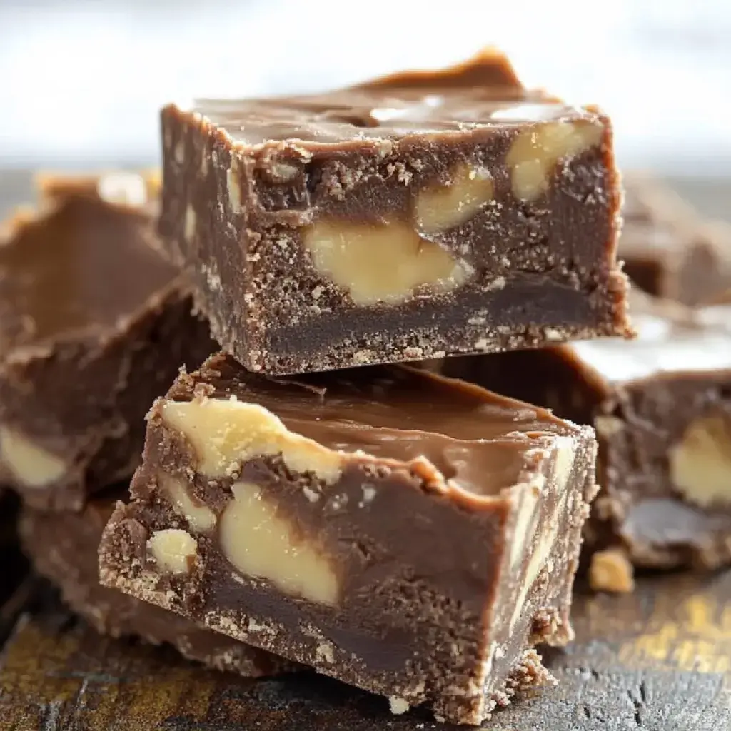 Chunks of chocolate fudge stacked, showing off chunky walnuts inside each piece.