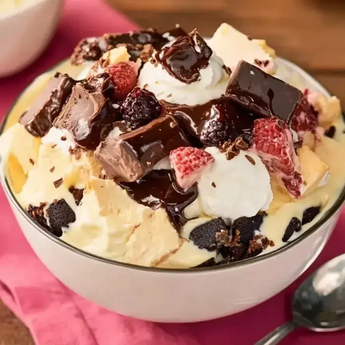 Dessert in a bowl shown with scoops of vanilla ice cream, ruby red raspberries, layers of chocolate pieces, fluffy whipped topping, and a drizzle of chocolate.