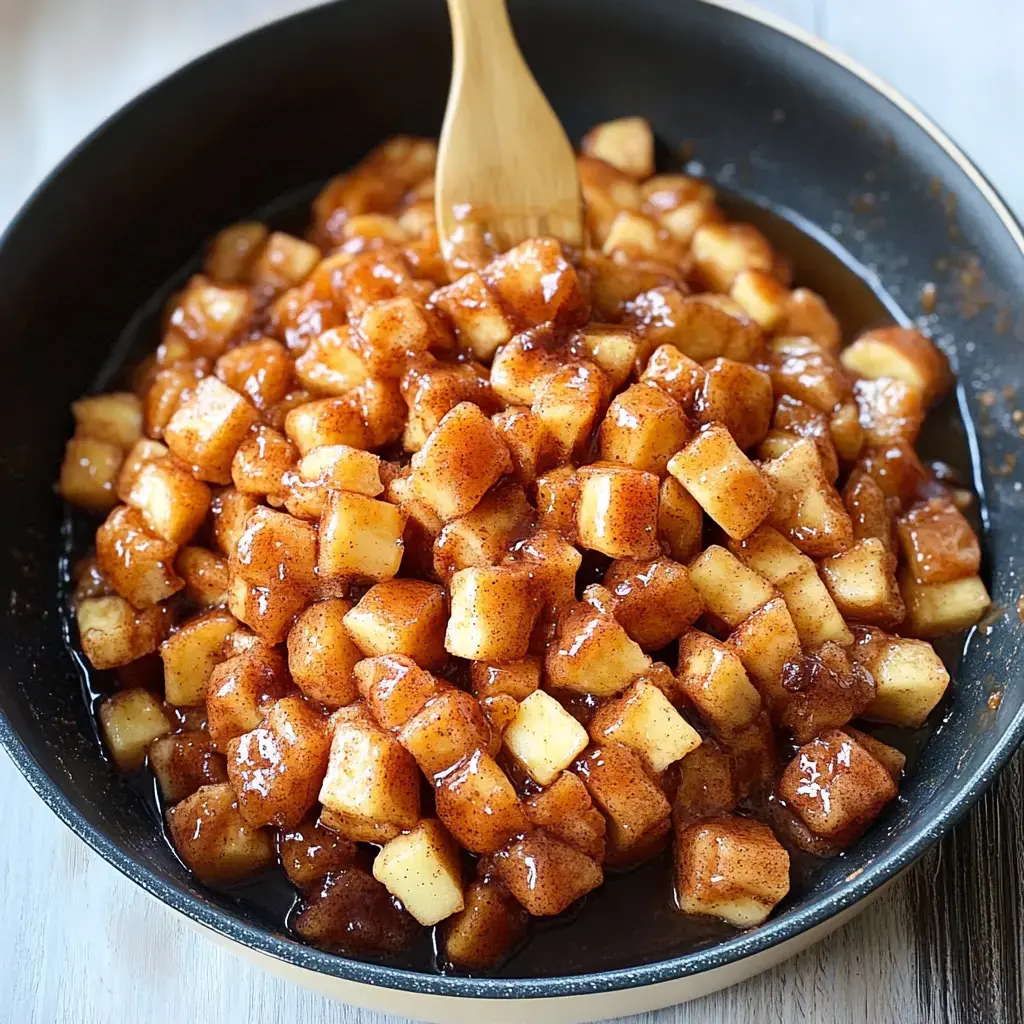 Chunks of apples mixed with shiny cinnamon sugar sitting in a dark skillet, ready to use.