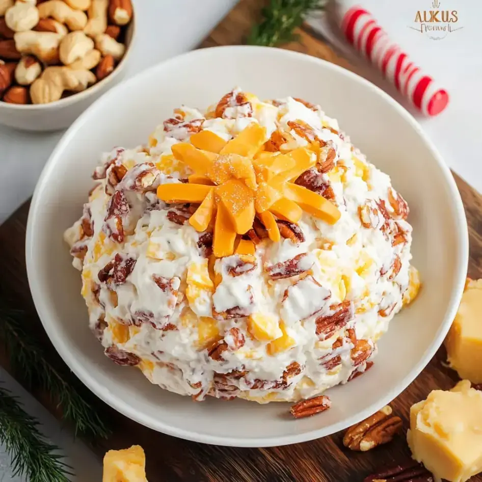 A sweet salad topped with cheddar and pecans in a white bowl, next to a bowl of mixed nuts.