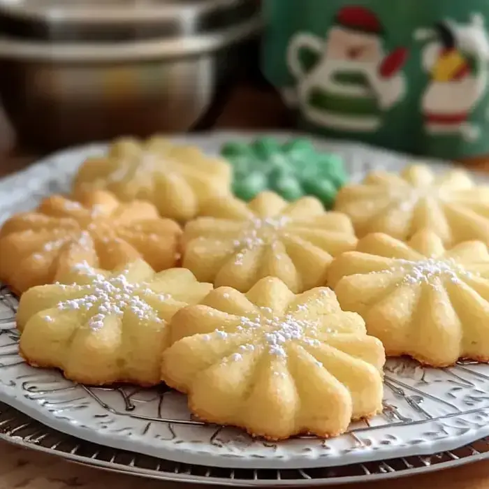 A bunch of gorgeous pastel cookies shaped with a press sit on a plate, dusted in a light sugar snow.