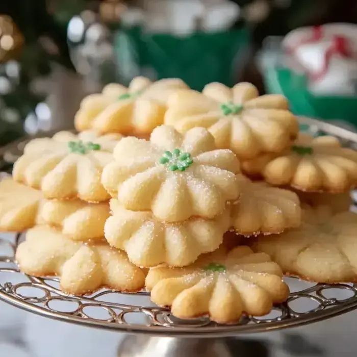 A fancy tray filled with flower cookies dusted with sugar and dotted with green, ready for a party.