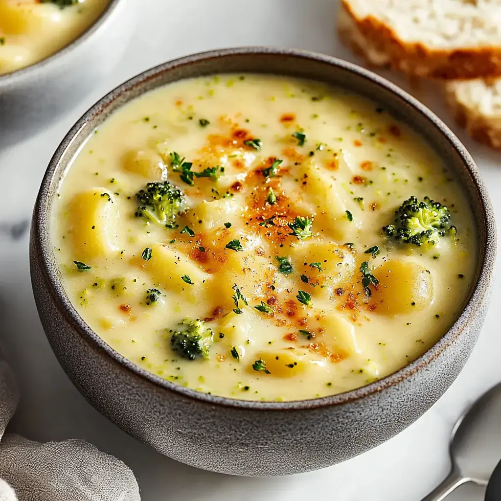 Big bowl of thick broccoli and potato soup with herbs on top and bread on the side.