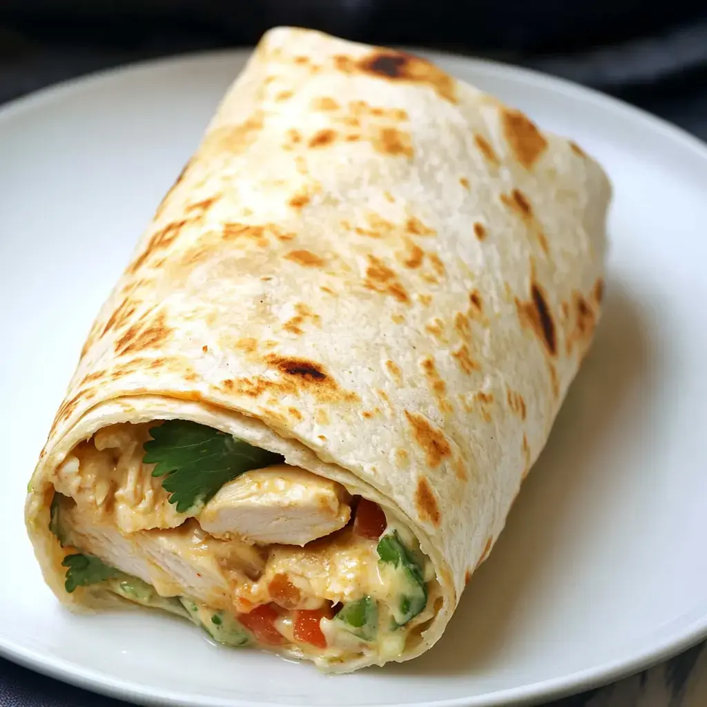 Grilled chicken wrap bursting with cheese, crisp veggies, and cilantro, sitting on a white plate.