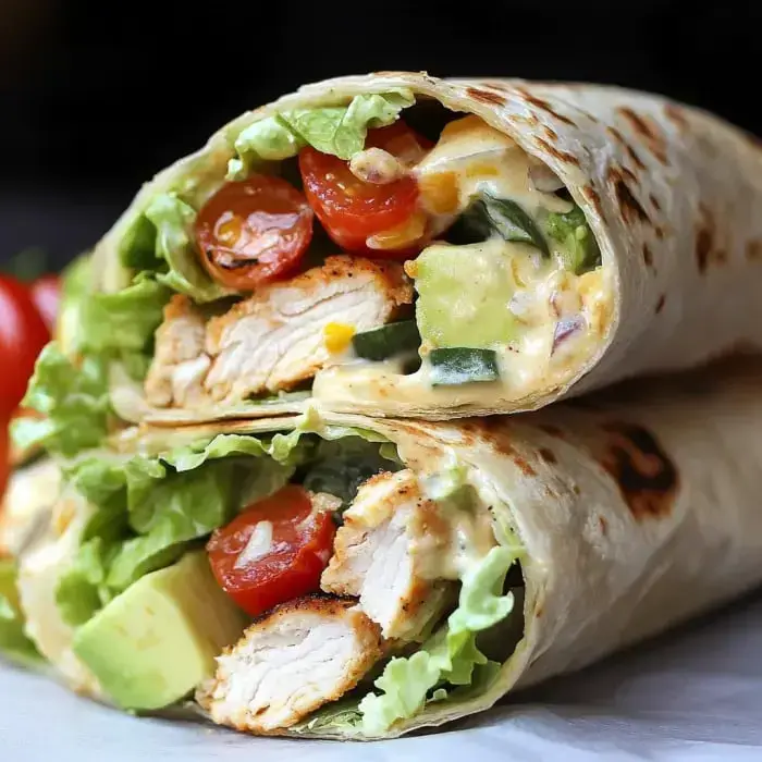 Close-up view of two loaded chicken wraps bursting with lettuce, tomato, avocado, and creamy dressing against a moody background.
