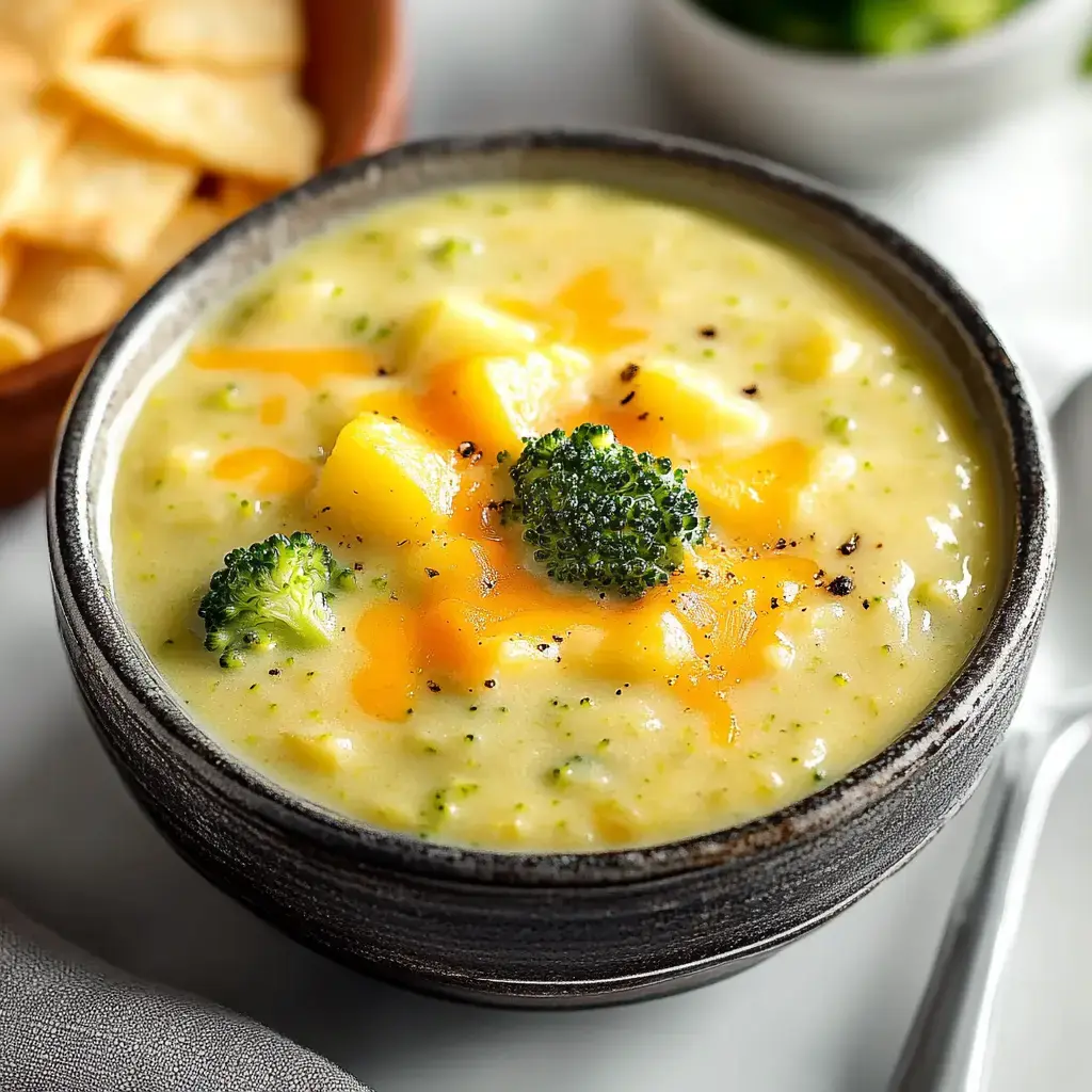 Creamy soup with broccoli and cheese chunks served with tortilla chips and broccoli florets on top.