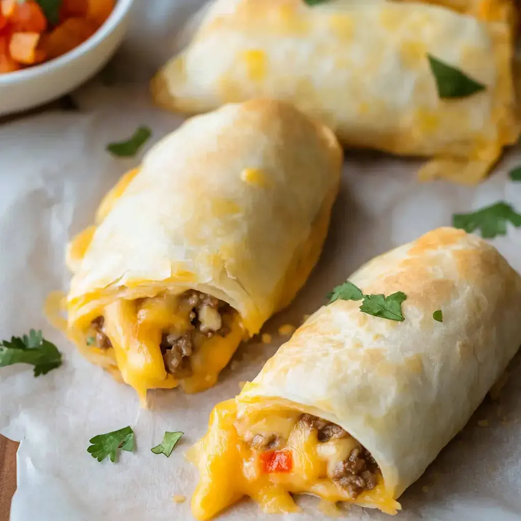 A plate of three crispy tortilla rolls stuffed with beef and cheese, topped with chopped cilantro, next to a bowl of salsa.