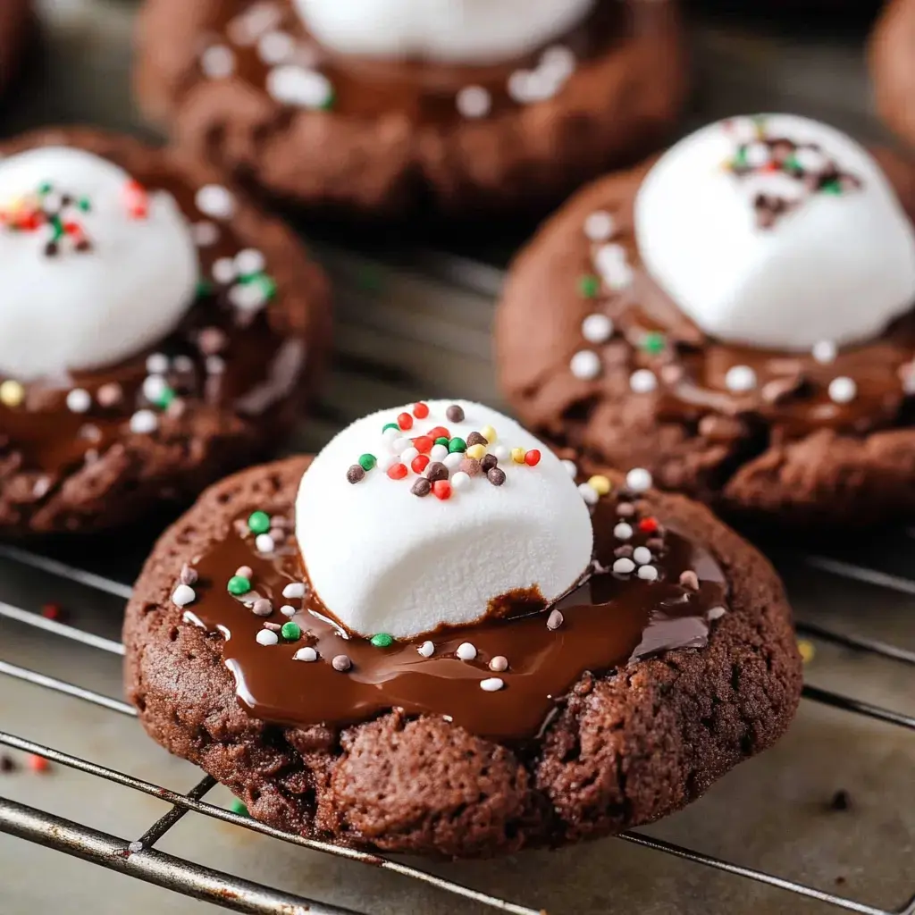 Freshly made chocolate cookies smothered in melted chocolate, big marshmallow, and a handful of sprinkles up close.