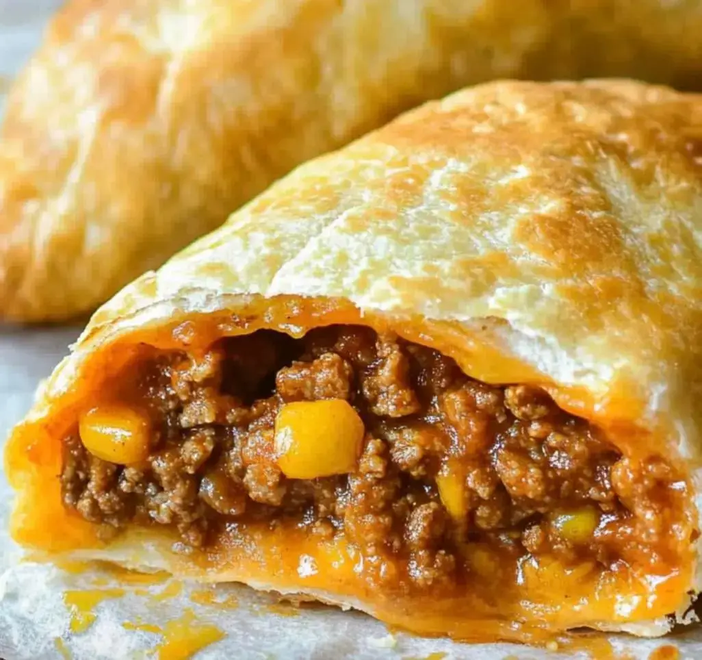Golden-brown stuffed pastry filled with tasty ground beef and chopped yellow peppers, shown in a close-up.