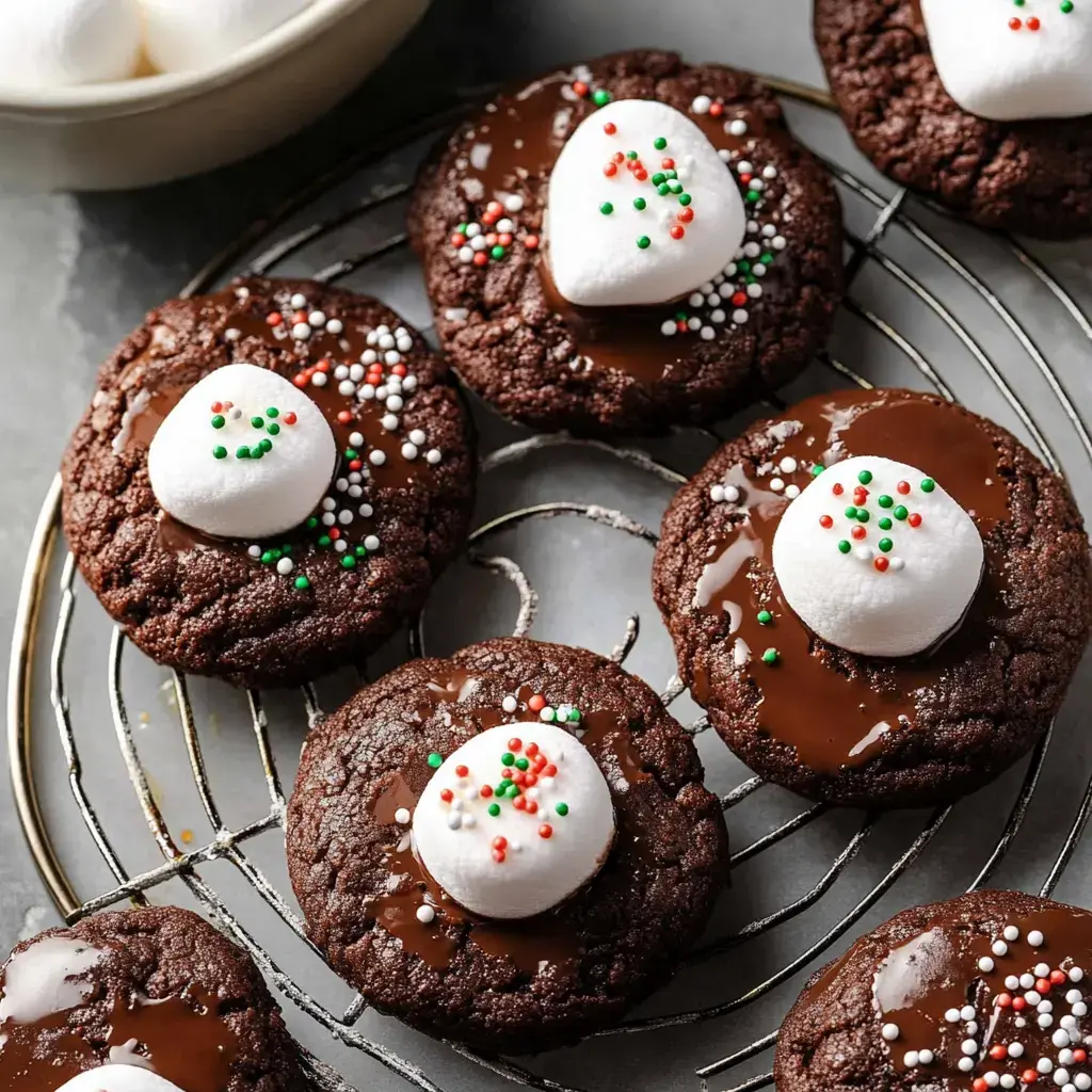 Zoomed in view of chocolate cookies with gooey chocolate, marshmallows, and bright sprinkle toppings.