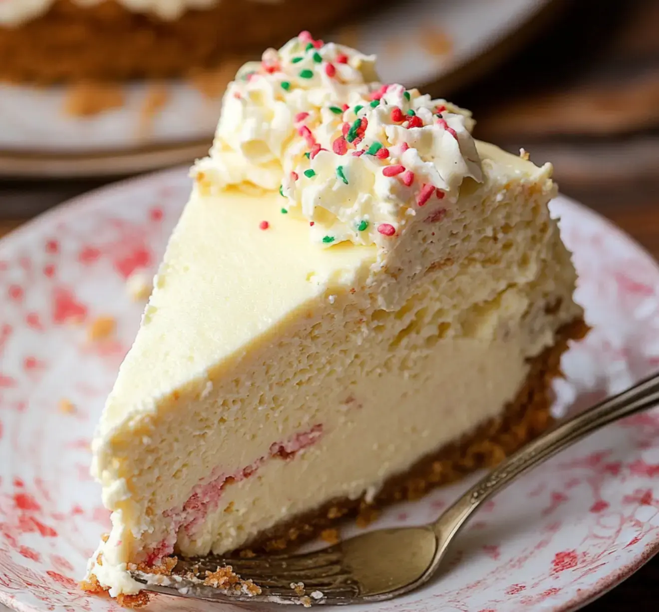 A creamy, luscious cheesecake slice with whipped cream and colorful sprinkles sits on a floral plate with a fork beside it.