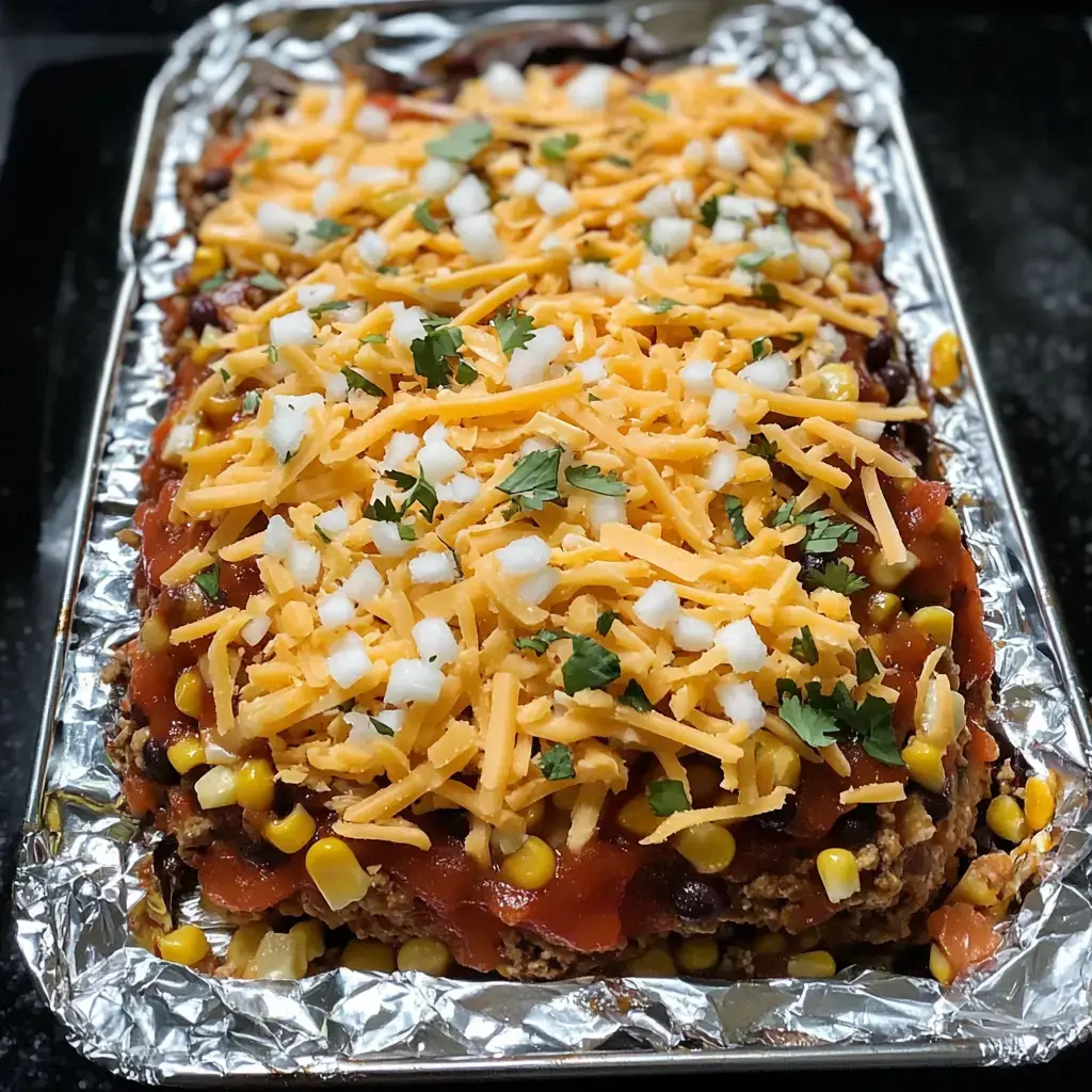 A foil-wrapped pan filled with layers of beef, corn, black beans, gooey cheese, sliced onions, sauce, and herbs.