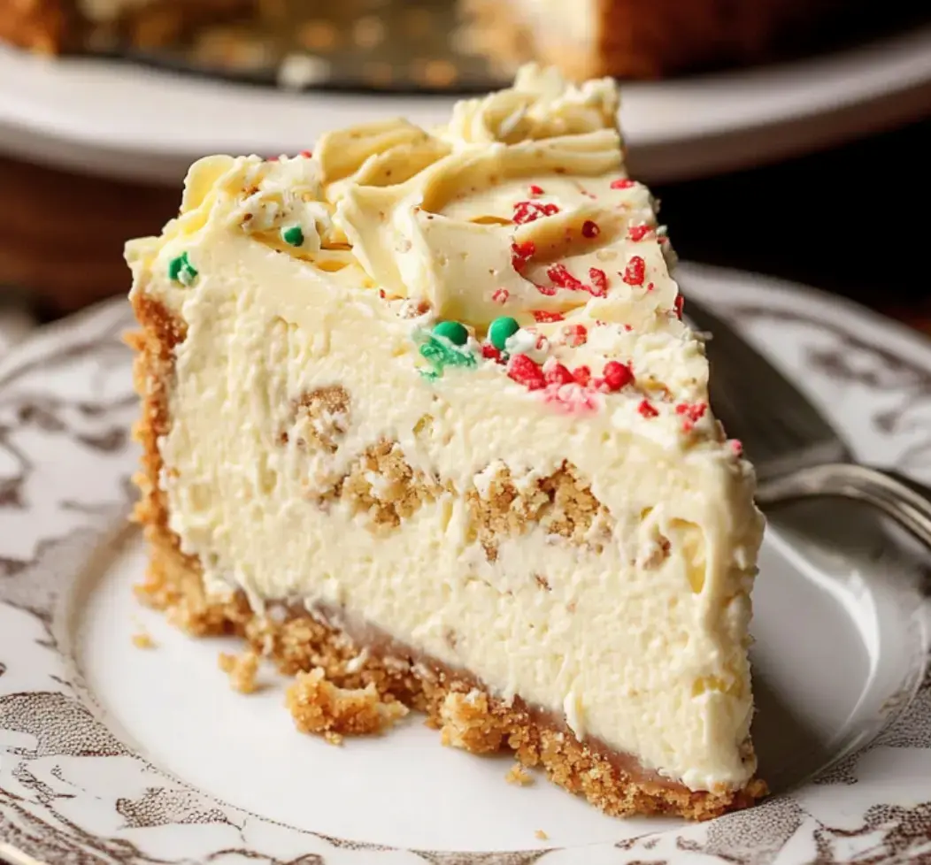 Festive cheesecake slice topped with bright holiday sprinkles sits pretty on a fancy plate.