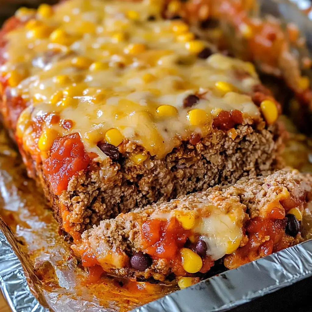 Slices of cheesy taco-style meatloaf with salsa and corn in a foil-lined tray.