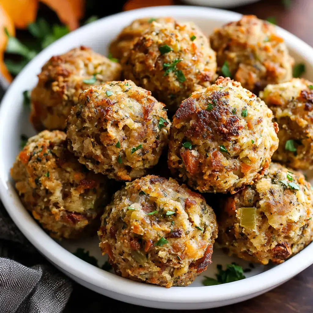 A close-up shot of a white bowl stacked with crispy stuffing balls sprinkled with parsley.