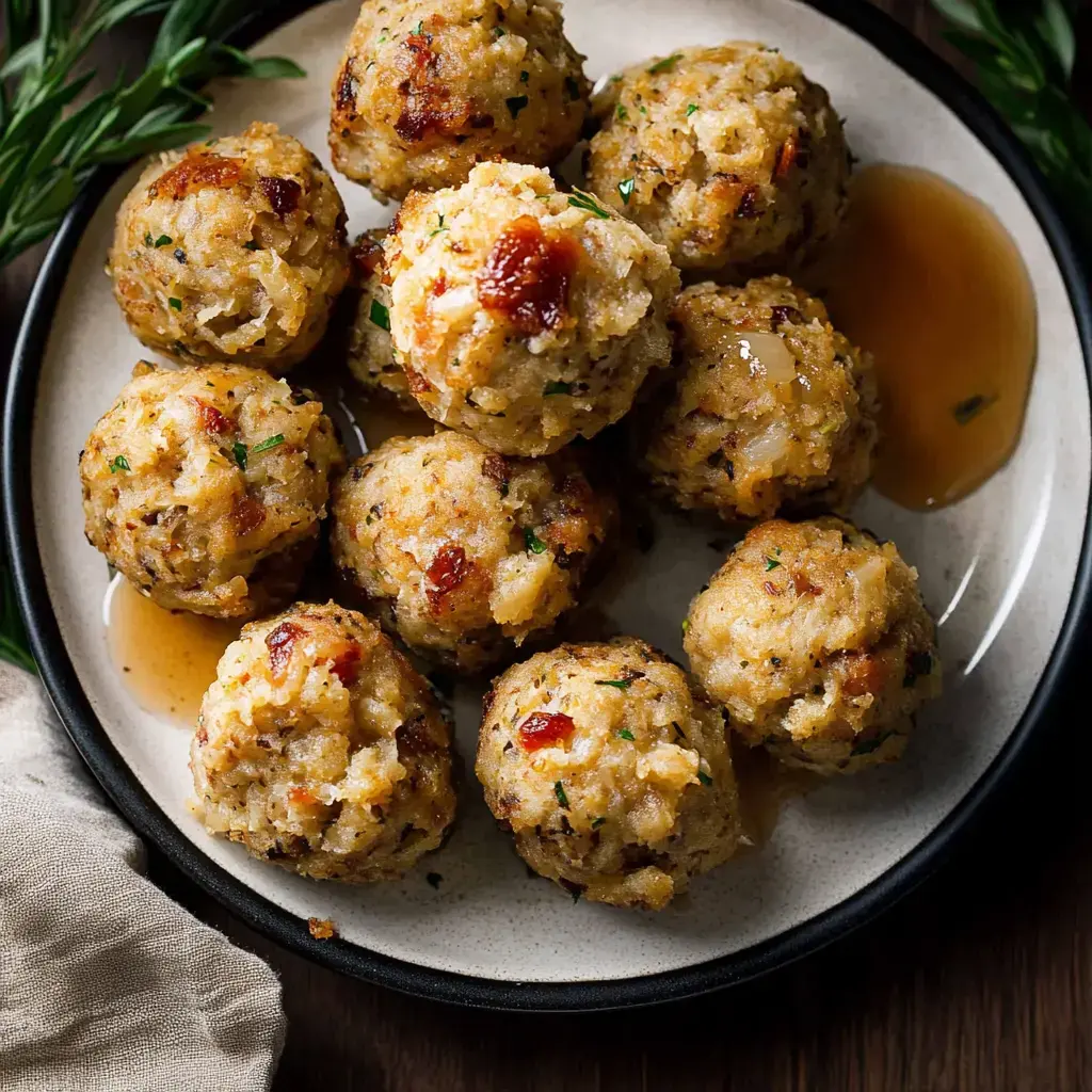 A plate holding golden stuffing balls covered with a drizzle of sauce and sprinkled with herbs.