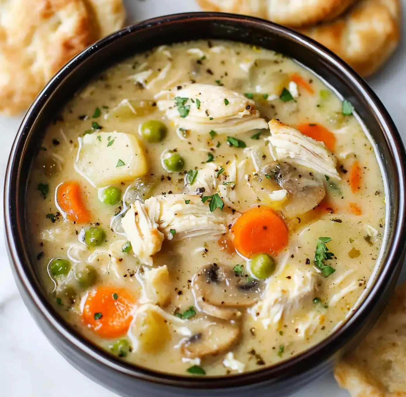 A bowl holding a hearty chicken soup with carrots, mushrooms, peas, potatoes, and chicken, fresh parsley sprinkled over and flaky biscuits on the side.